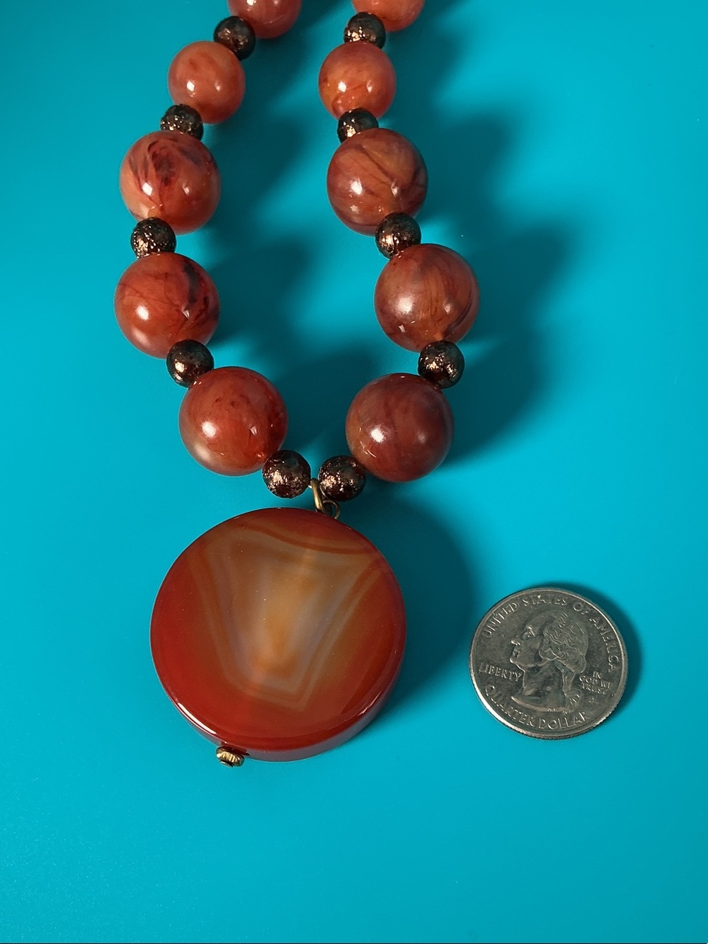 Vintage Lydell NYC Double Strand Acrylic Bead Red Agate Pendant Necklace - Picture 8 of 11